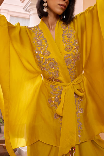 Yellow floral embroidered kaftan jacket set