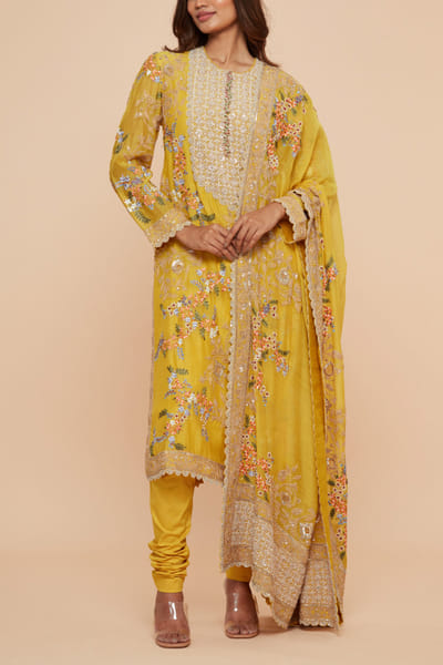 Yellow floral embroidered kurta set
