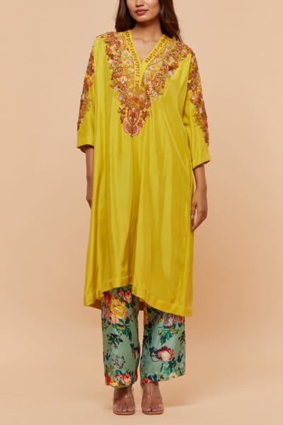 Yellow floral embroidered kurta set