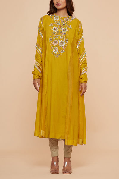 Yellow floral embroidered kurta set