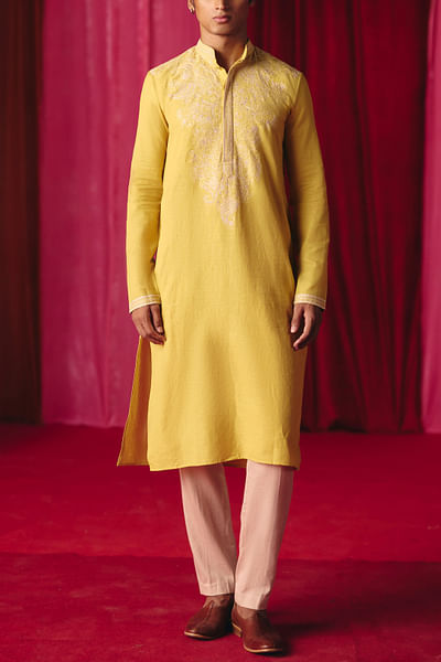 Yellow floral embroidered kurta set