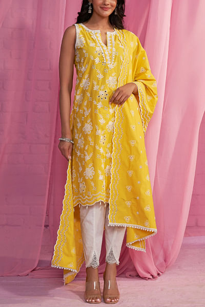 Yellow floral embroidered kurta set