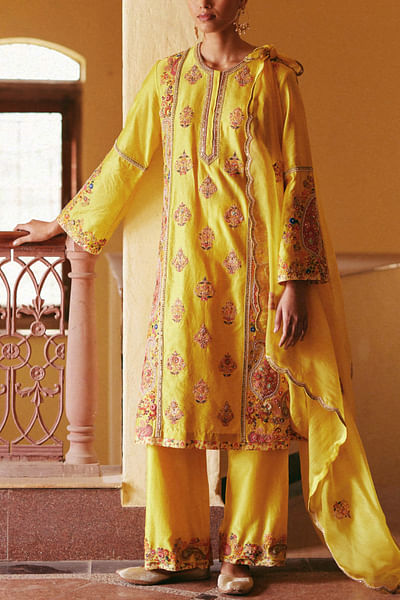 Yellow floral embroidered kurta set