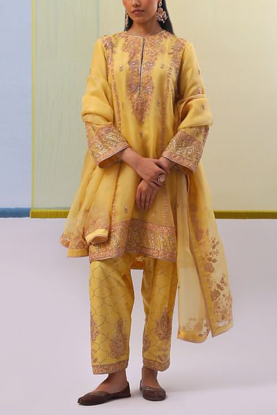 Yellow floral embroidered kurta set