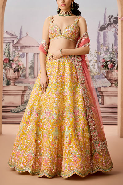 Yellow floral embroidered lehenga set