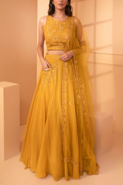 Yellow floral embroidered lehenga set