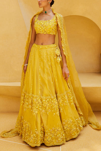 Yellow floral embroidered lehenga set