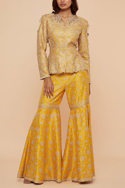 Yellow floral embroidered sharara set