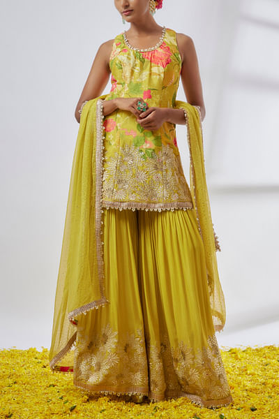 Yellow floral embroidered sharara set