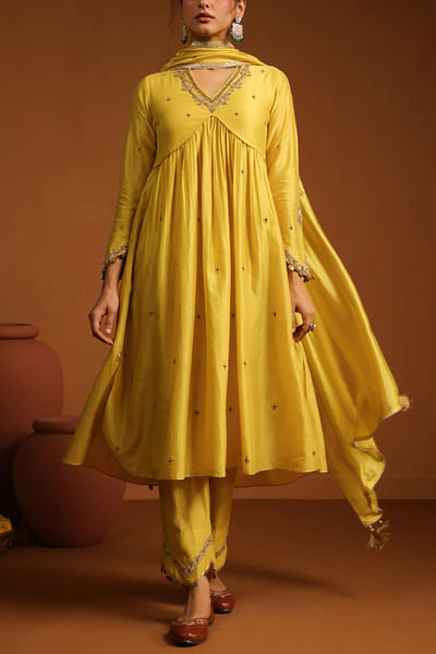 Yellow floral embroidery anarkali set