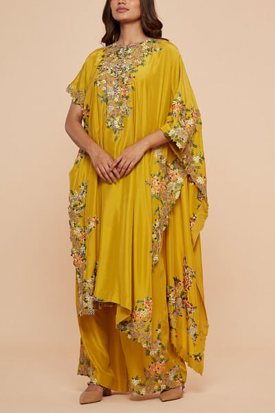 Yellow floral embroidery asymmetric kaftan set