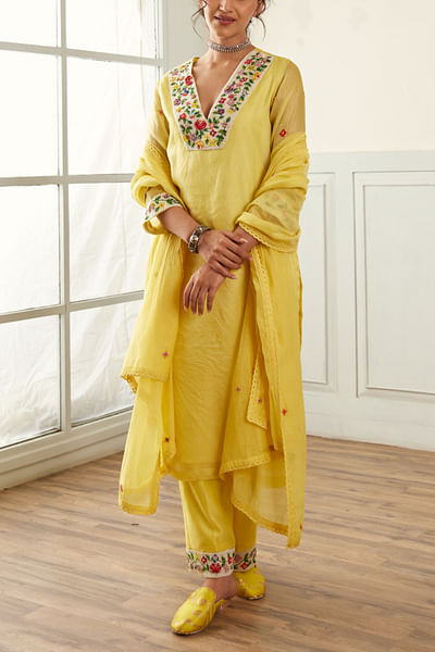 Yellow floral embroidery kurta set