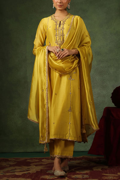 Yellow floral embroidery kurta set