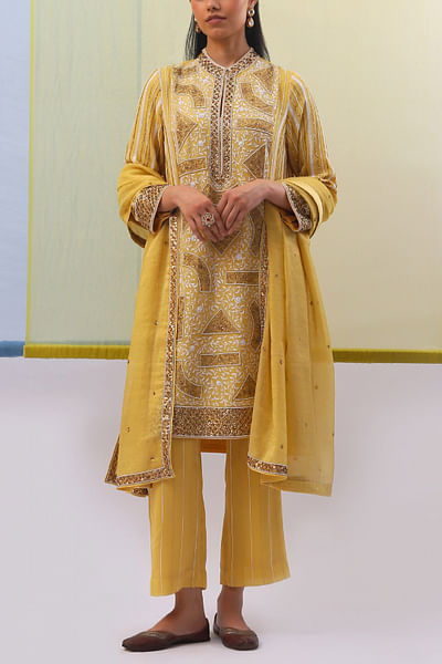 Yellow floral embroidery kurta set