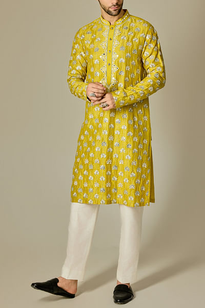 Yellow floral mirror embroidered kurta set