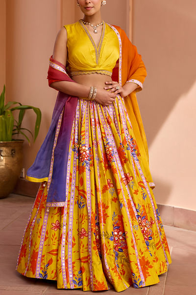 Yellow floral print embroidered lehenga set