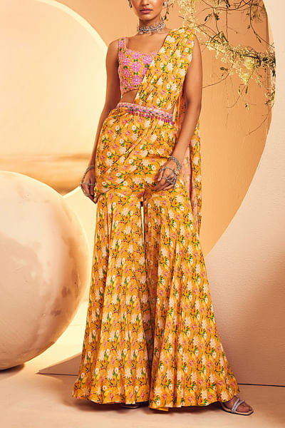 Yellow floral print pre-drape sharara sari set