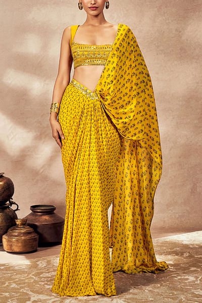 Yellow floral print pre-stitched sari set