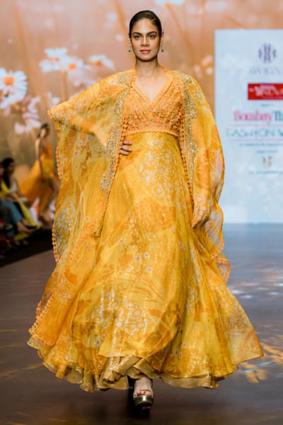 Yellow floral printed anarkali and cape