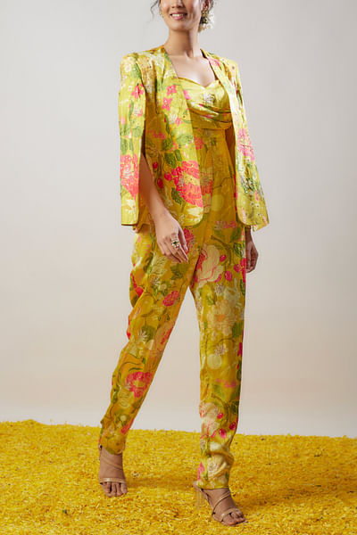 Yellow floral printed cape blazer and jumpsuit