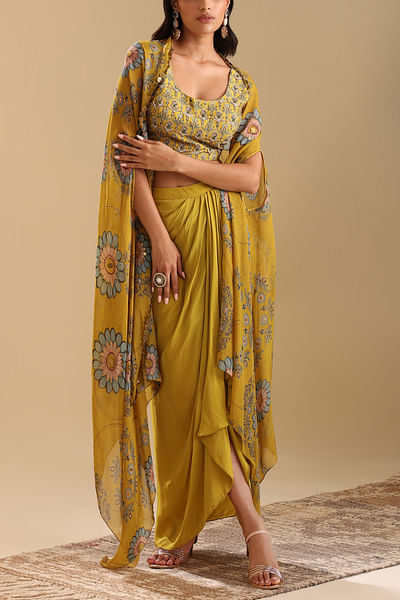 Yellow floral printed cape set