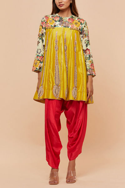 Yellow floral printed embroidered kurta set