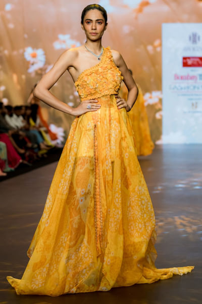 Yellow floral printed gown set