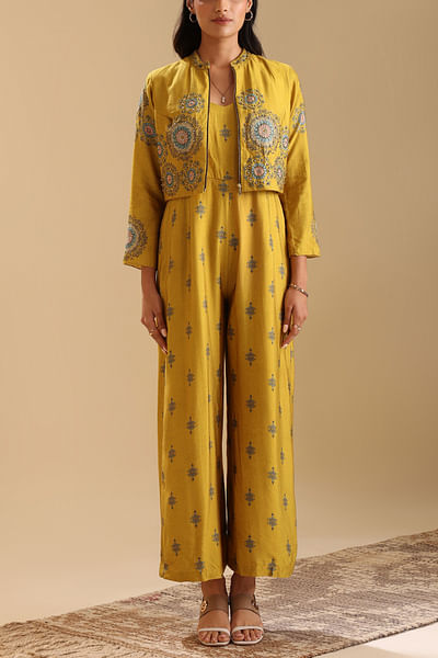 Yellow floral printed jacket and jumpsuit