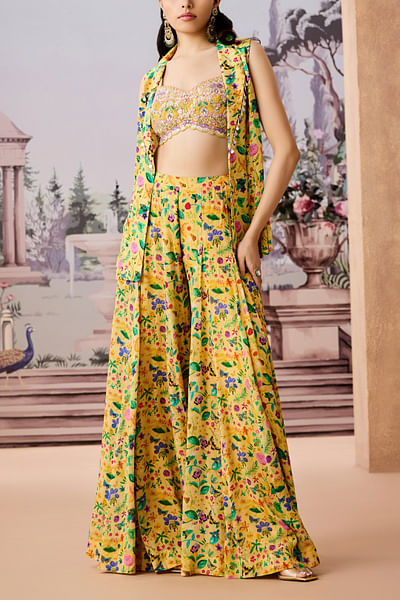 Yellow floral printed jacket and sharara set