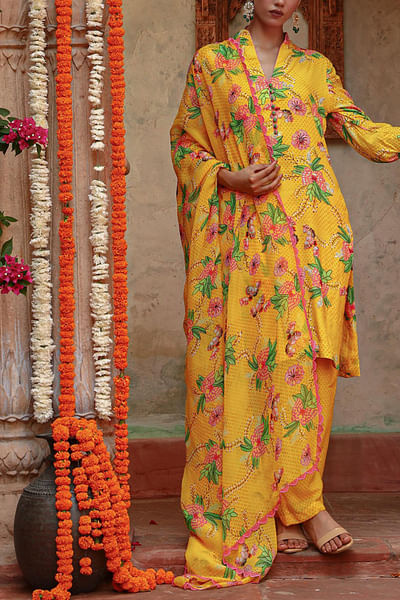 Yellow floral printed kurta set