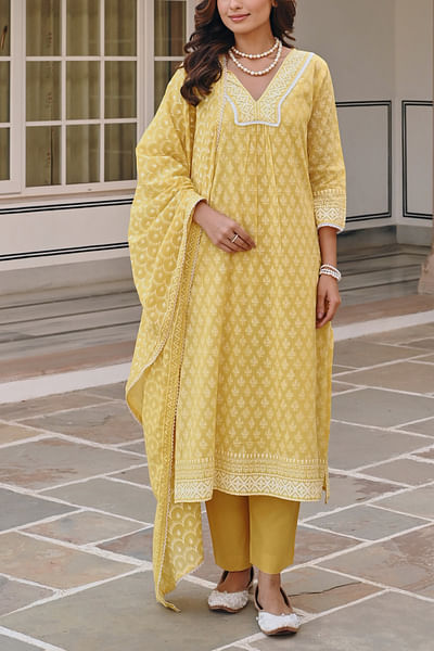 Yellow floral printed kurta set