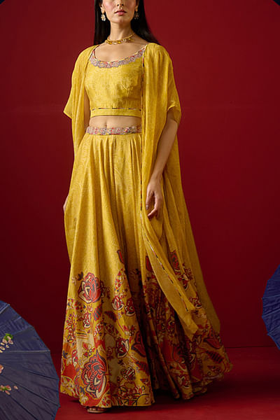 Yellow floral printed lehenga and cape set