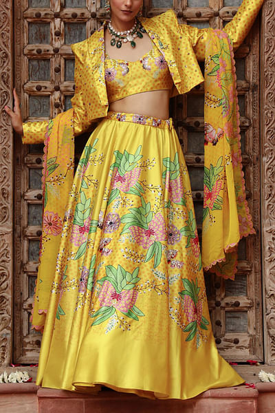Yellow floral printed lehenga and jacket set