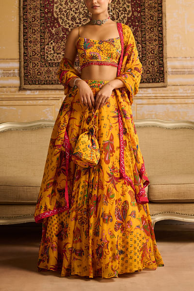 Yellow floral printed lehenga set