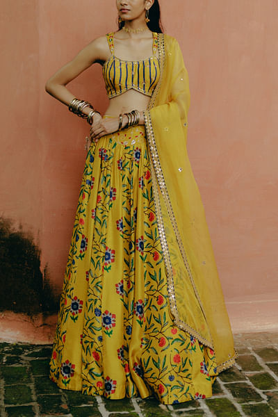 Yellow floral printed lehenga set