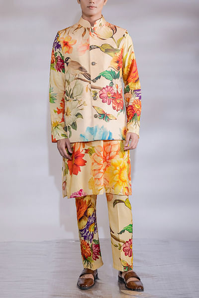 Yellow floral printed Nehru jacket kurta set