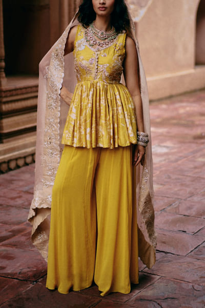 Yellow floral printed peplum and palazzo