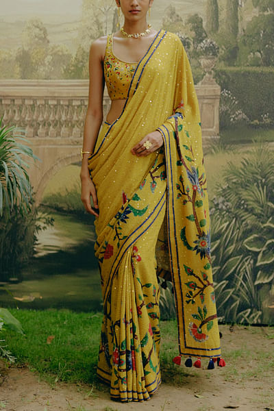 Yellow floral printed sari set
