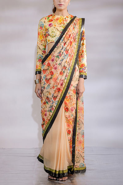 Yellow floral printed sari set