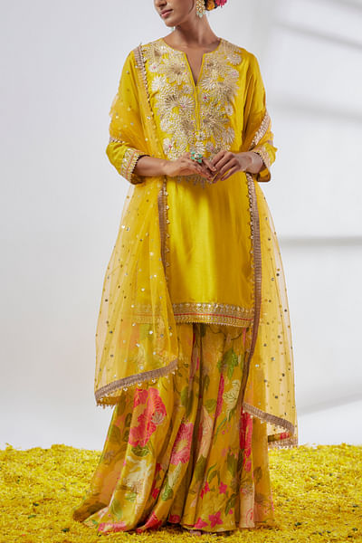 Yellow floral printed sharara set