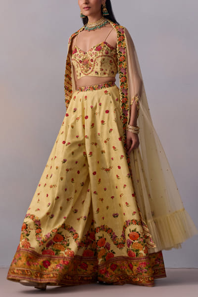 Yellow floral printed sharara tiered cape set