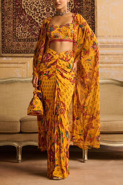 Yellow floral printed skirt and cape set
