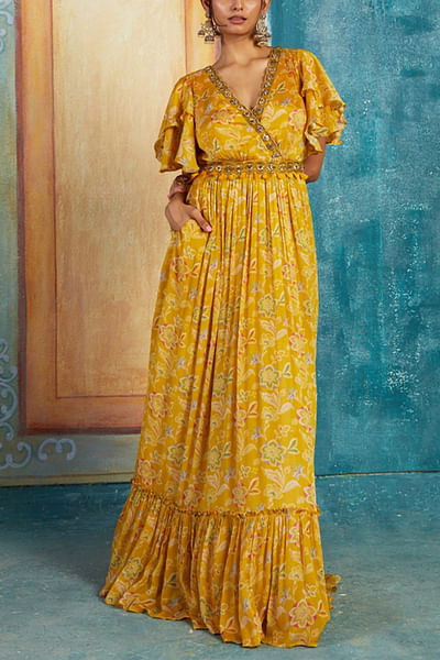Yellow floral printed tiered maxi dress