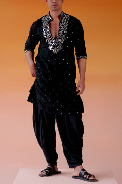 Black motif mirror embroidery kurta set