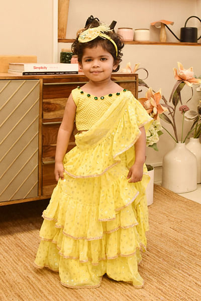 Yellow foil printed ruffle draped sari set