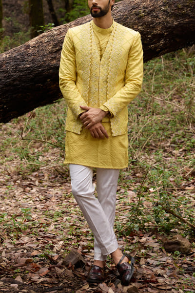 Yellow geometric embroidered jacket kurta set