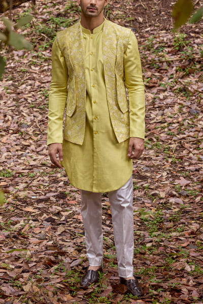 Yellow geometric embroidery jacket kurta set