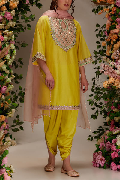 Yellow gota and pearl embellished kurta set