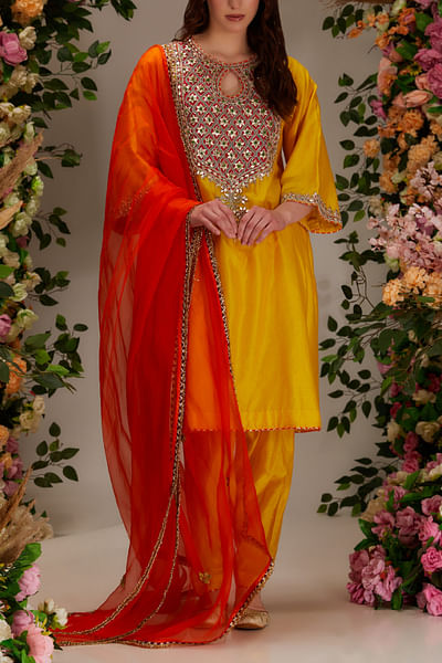Yellow gota work kalidar kurta set