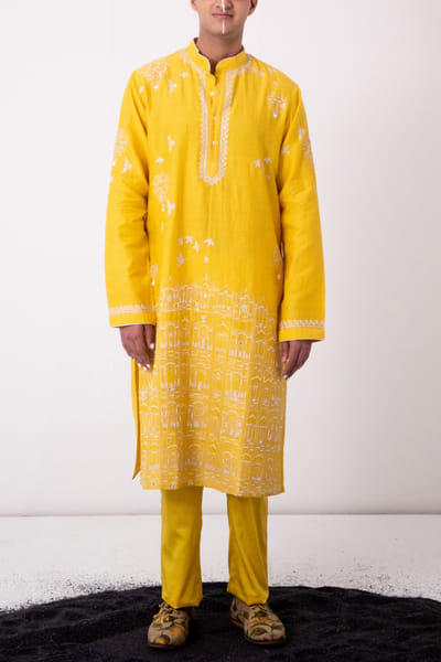Wabi Sabi Yellow Jaipur palace embroidered kurta set WSBMAY24D110